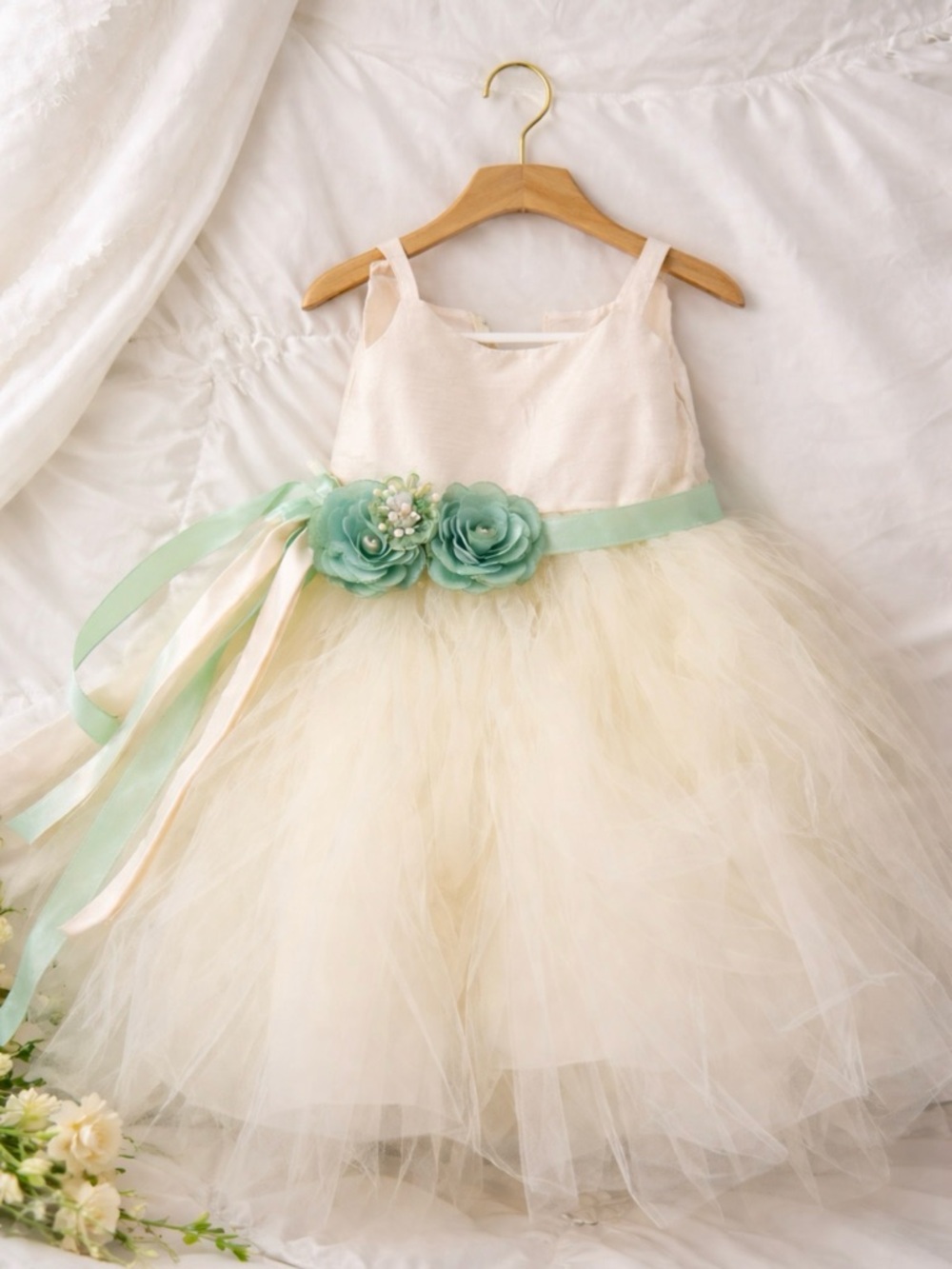 Ivory Tulle Flower Girl Dress with Mint or Ivory Sash